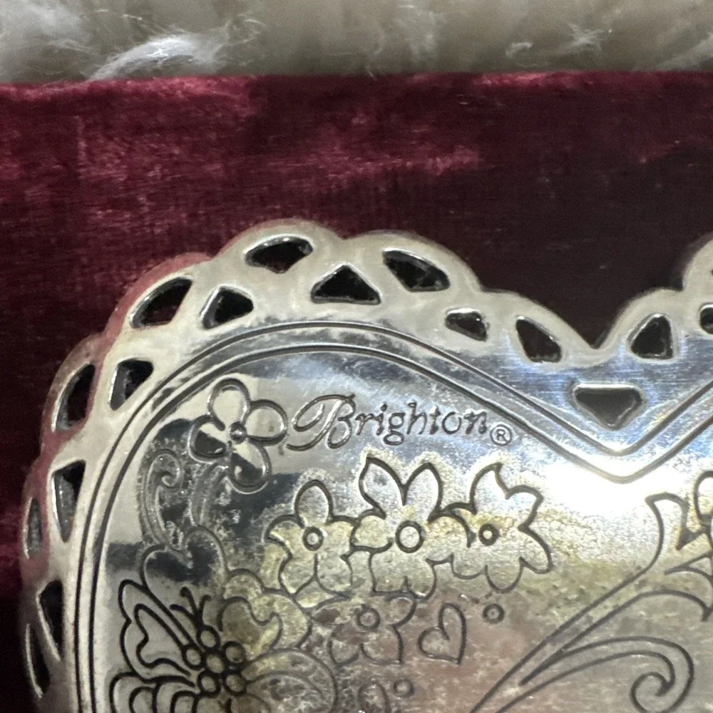 Brighton Vintage Silver Played Heart Shaped Trinket Jewelry Dish Large Floral